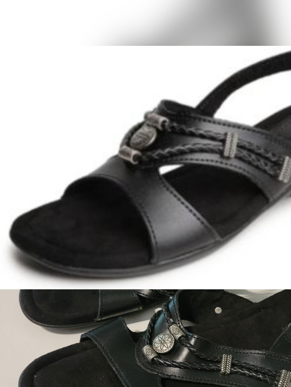 11 N MINNETONKA BLACK LEATHER BOHO VELCRO Comfort Sandals Silver Wedge Narrow